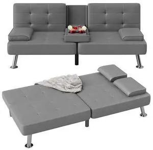 Flamaker Futon Sofa Bed Modern Folding Futon Set PU Leather Convertible Recliner Lounge for Living Room with 2 Cup Holders, Removable Armrests (PU Leather, Dark Grey) Flamaker Futon Sofa Bed Modern Folding Futon Set PU Leather Convertible Recliner Lounge for Living Room with 2 Cup Holders, Removable Armrests (PU Leather, Dark Grey)