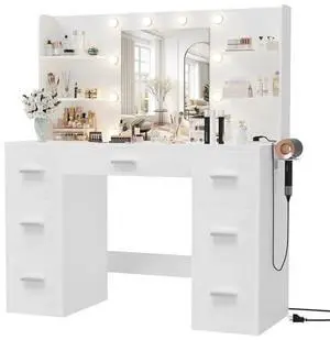 Furmax Vanity Desk with Mirror, LED Lights and Power Outlet Makeup Vanity Table with 7 Drawers and 6 Storage Shelves Dressing Table for Bedroom Dressing Room (White) Furmax Vanity Desk with Mirror, LED Lights and Power Outlet Makeup Vanity Table with 7 Drawers and 6 Storage Shelves Dressing Table for Bedroom Dressing Room (White)