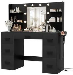 Furmax Vanity Desk with Mirror, LED Lights and Power Outlet Makeup Vanity Table with 7 Drawers and 6 Storage Shelves Dressing Table for Bedroom Dressing Room (Black) Furmax Vanity Desk with Mirror, LED Lights and Power Outlet Makeup Vanity Table with 7 Drawers and 6 Storage Shelves Dressing Table for Bedroom Dressing Room (Black)