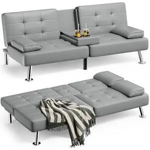 Homall Futon Sofa Bed, Leather Futon Couch with Removable Armrests, Adjustable Recliner Sleeper Sofa Bed with Dual Cup Holders for Living Room, Apartment, Office (Gray) Homall Futon Sofa Bed, Leather Futon Couch with Removable Armrests, Adjustable Recliner Sleeper Sofa Bed with Dual Cup Holders for Living Room, Apartment, Office (Gray)