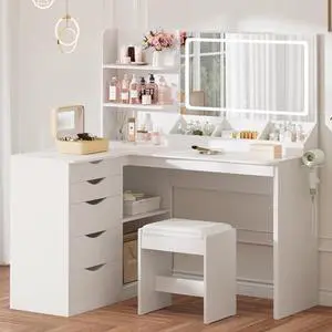 Furmax Vanity Desk with Mirror, L Shape Vanity, LED Lighted Mirror, with Power Outlet and 3 Storage Shelves, Makeup Table with 5 Drawers, 3 Color Modes, for Bedroom(White) Furmax Vanity Desk with Mirror, L Shape Vanity, LED Lighted Mirror, with Power Outlet and 3 Storage Shelves, Makeup Table with 5 Drawers, 3 Color Modes, for Bedroom(White)