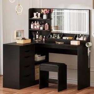 Furmax Vanity Desk with Mirror, L Shape Vanity, LED Lighted Mirror, with Power Outlet and 3 Storage Shelves, Makeup Table with 5 Drawers, 3 Color Modes, for Bedroom(Black) Furmax Vanity Desk with Mirror, L Shape Vanity, LED Lighted Mirror, with Power Outlet and 3 Storage Shelves, Makeup Table with 5 Drawers, 3 Color Modes, for Bedroom(Black)