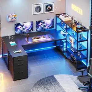 SEDETA L Shaped Gaming Desk, Reversible U Shaped Computer Desk with Power Outlet and Storage Shelves, Corner Gaming Desk with LED Lights, 3 Fabric Drawers, Black SEDETA L Shaped Gaming Desk, Reversible U Shaped Computer Desk with Power Outlet and Storage Shelves, Corner Gaming Desk with LED Lights, 3 Fabric Drawers, Black