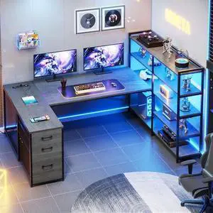 SEDETA Corner Computer Desk, Reversible U Shaped Office Desk with 3 Fabric Drawers and Power Outlet, Corner Gaming Desk with LED Lights, Storage Shelves, Grey SEDETA Corner Computer Desk, Reversible U Shaped Office Desk with 3 Fabric Drawers and Power Outlet, Corner Gaming Desk with LED Lights, Storage Shelves, Grey