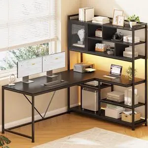 SEDETA L Shaped Computer Desk, 58'' Office Desk with LED Light and Bookshelf, L Shaped Corner Desk with Storage Shelves for Home Office, Gaming Desk, L Desk, Black SEDETA L Shaped Computer Desk, 58'' Office Desk with LED Light and Bookshelf, L Shaped Corner Desk with Storage Shelves for Home Office, Gaming Desk, L Desk, Black