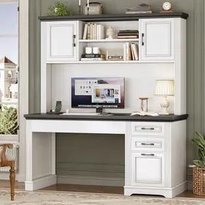 SEDETA Farmhouse Computer Desk with Hutch and 3 Drawers, 47.2" Executive Office Desk with Storage Drawers, Wood Desk with Power Outlet for Home Office, White SEDETA Farmhouse Computer Desk with Hutch and 3 Drawers, 47.2" Executive Office Desk with Storage Drawers, Wood Desk with Power Outlet for Home Office, White
