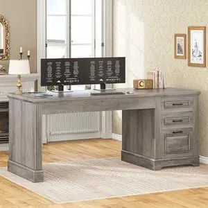 SEDETA Executive Office Desk with 3 Drawers, Farmhouse 55" Computer Desk with Storage File Drawers & Power Outlet for Home Office, Grey SEDETA Executive Office Desk with 3 Drawers, Farmhouse 55" Computer Desk with Storage File Drawers & Power Outlet for Home Office, Grey