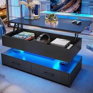 SEDETA 40" Lift Top Coffee Table, Coffee Tables with Storage for Living Room, Small Coffee Table with 2 Drawers & LED Light for Dining Reception Room, Black SEDETA 40" Lift Top Coffee Table, Coffee Tables with Storage for Living Room, Small Coffee Table with 2 Drawers & LED Light for Dining Reception Room, Black