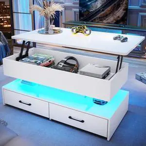 SEDETA 40" Lift Top Coffee Table, Coffee Tables with Storage for Living Room, Small Coffee Table with 2 Drawers & LED Light for Dining Reception Room, White SEDETA 40" Lift Top Coffee Table, Coffee Tables with Storage for Living Room, Small Coffee Table with 2 Drawers & LED Light for Dining Reception Room, White