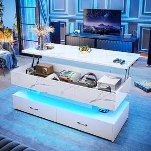 SEDETA 47.2" Lift Top Coffee Table, Coffee Tables with Storage for Living Room, 2 Drawers Coffee Table with Power Outlet & LED Light for Dining Reception Room, High Gloss White Marble SEDETA 47.2" Lift Top Coffee Table, Coffee Tables with Storage for Living Room, 2 Drawers Coffee Table with Power Outlet & LED Light for Dining Reception Room, High Gloss White Marble