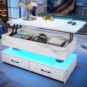 SEDETA 40" Lift Top Coffee Table, Coffee Tables with Storage for Living Room, Small Coffee Table with 2 Drawers & LED Light for Dining Reception Room, White Marble SEDETA 40" Lift Top Coffee Table, Coffee Tables with Storage for Living Room, Small Coffee Table with 2 Drawers & LED Light for Dining Reception Room, White Marble