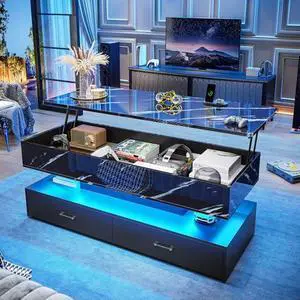 SEDETA 47.2" Lift Top Coffee Table, Coffee Tables with Storage for Living Room, 2 Drawers Coffee Table with Power Outlet & LED Light for Dining Reception Room, High Gloss Black Marble SEDETA 47.2" Lift Top Coffee Table, Coffee Tables with Storage for Living Room, 2 Drawers Coffee Table with Power Outlet & LED Light for Dining Reception Room, High Gloss Black Marble
