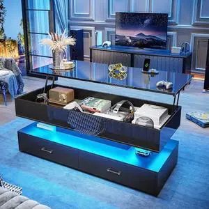 SEDETA 47.2" Lift Top Coffee Table, Coffee Tables with Storage for Living Room, 2 Drawers Coffee Table with Power Outlet & LED Light for Dining Reception Room, High Gloss Black SEDETA 47.2" Lift Top Coffee Table, Coffee Tables with Storage for Living Room, 2 Drawers Coffee Table with Power Outlet & LED Light for Dining Reception Room, High Gloss Black