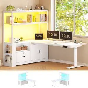 SEDETA 56.7" L Shaped Standing Desk, Reversible Computer Office Desk with Drawers & Hutch, Stand Up Corner Gaming Desks with LED Lights & Power Outlets for Home Office, White SEDETA 56.7" L Shaped Standing Desk, Reversible Computer Office Desk with Drawers & Hutch, Stand Up Corner Gaming Desks with LED Lights & Power Outlets for Home Office, White