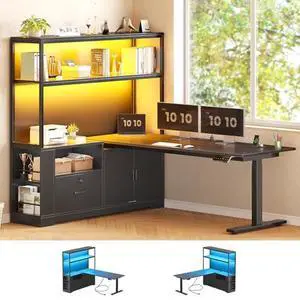 SEDETA 56.7" L Shaped Standing Desk, Reversible Computer Office Desk with Drawers & Hutch, Stand Up Corner Gaming Desks with LED Lights & Power Outlets for Home Office, Black SEDETA 56.7" L Shaped Standing Desk, Reversible Computer Office Desk with Drawers & Hutch, Stand Up Corner Gaming Desks with LED Lights & Power Outlets for Home Office, Black