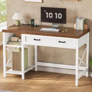 SEDETA Farmhouse Small Desk with Drawers, 40" Computer Desk with Storage Shelves, White Writing Desk for Small Space and Power Outlet, Desk for Bedroom, Home Office SEDETA Farmhouse Small Desk with Drawers, 40" Computer Desk with Storage Shelves, White Writing Desk for Small Space and Power Outlet, Desk for Bedroom, Home Office