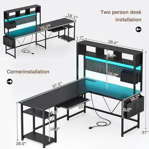SEDETA L Shaped Gaming Desk with Hutch, 57.5 Reversible Corner Computer Desk with Storage Shelves, Gaming Desk with Pegboard, LED Lights, Power Outlet, Keyboard Tray and Storage Bag, Black SEDETA L Shaped Gaming Desk with Hutch, 57.5 Reversible Corner Computer Desk with Storage Shelves, Gaming Desk with Pegboard, LED Lights, Power Outlet, Keyboard Tray and Storage Bag, Black