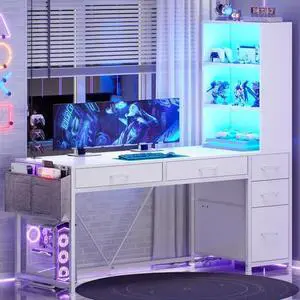 SEDETA Computer Desk with 5 Drawers and Bookshelf, Reversible Home Office Desk with Storage Shelves and File Drawer, Gaming Desk with LED Lights for Small Spaces, White SEDETA Computer Desk with 5 Drawers and Bookshelf, Reversible Home Office Desk with Storage Shelves and File Drawer, Gaming Desk with LED Lights for Small Spaces, White