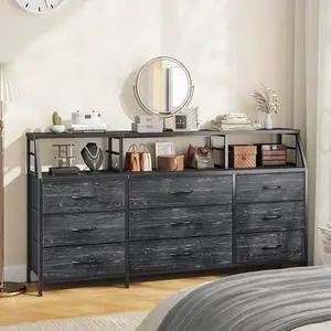 Homkdom Black Dresser for Bedroom with Fabric Drawers, Long Dressers & Chests of Drawers, 55.12" W TV Stand Dresser, Entertainment Center with Wooden Shelves, Metal Frame, 55.12" W×11.38" D×35.45" H Homkdom Black Dresser for Bedroom with Fabric Drawers, Long Dressers & Chests of Drawers, 55.12" W TV Stand Dresser, Entertainment Center with Wooden Shelves, Metal Frame, 55.12" W×11.38" D×35.45" H