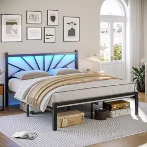 Homkdom 14 Inch Metal Bed Frame Queen Size with Headboard, Queen Bed Frame with LED Lights, Strong Metal Slats Support, No-Noise, No Box Spring Needed, Black Homkdom 14 Inch Metal Bed Frame Queen Size with Headboard, Queen Bed Frame with LED Lights, Strong Metal Slats Support, No-Noise, No Box Spring Needed, Black
