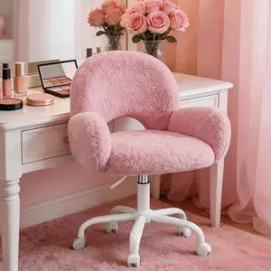 Homkdom Vanity Chair with Round Hollow Back, Pink Desk Chair with Arms & Wheels, Cute Office Chair for Make-up Room, Bedroom, Home Office, Salon, Height Adjustable, Faux Rabbit Fur Homkdom Vanity Chair with Round Hollow Back, Pink Desk Chair with Arms & Wheels, Cute Office Chair for Make-up Room, Bedroom, Home Office, Salon, Height Adjustable, Faux Rabbit Fur