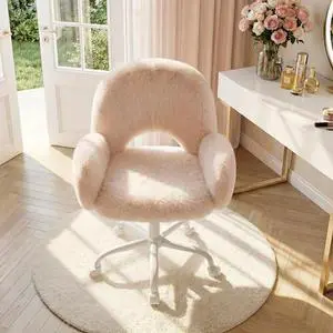 Homkdom Makeup Vanity Chair with Arms, Comfy Desk Chair with Rolling Wheels & Round Hollow Back, Swivel Chair for Bedroom, Make-up Room, Home Office, Height Adjustable, Faux Rabbit Fur, Peach Color Homkdom Makeup Vanity Chair with Arms, Comfy Desk Chair with Rolling Wheels & Round Hollow Back, Swivel Chair for Bedroom, Make-up Room, Home Office, Height Adjustable, Faux Rabbit Fur, Peach Color