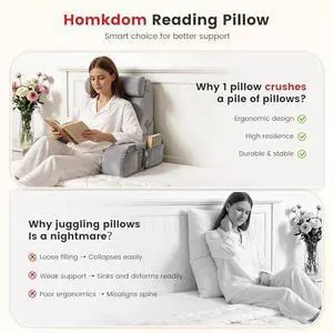 Homkdom Reading Pillow for Sitting in Bed Adult, 20" Back Pillow for Bed Sitting up with Armrests & Storage Pockets, Ergonomic Wedge Pillow for Watching TV, Gaming, Working, Recovery, 5PCS, Light Grey Homkdom Reading Pillow for Sitting in Bed Adult, 20" Back Pillow for Bed Sitting up with Armrests & Storage Pockets, Ergonomic Wedge Pillow for Watching TV, Gaming, Working, Recovery, 5PCS, Light Grey
