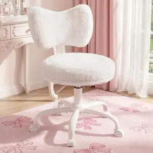Homkdom Vanity Chair with Back, Swivel Chair with Wheels & Adjustable Height, Fluffy Faux Rabbit Fur Comfy Desk Chair for Vanity, Make-up Room, Bedroom, Dorm, Cute Bow Backrest, White Homkdom Vanity Chair with Back, Swivel Chair with Wheels & Adjustable Height, Fluffy Faux Rabbit Fur Comfy Desk Chair for Vanity, Make-up Room, Bedroom, Dorm, Cute Bow Backrest, White