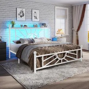 Homkdom Metal 14 inch Full Size Bed Frame with Headboard & LED, Full Size Bed Frame with Strong Metal Slats, No Box Spring Needed, No-Noise, Easy Assembly, Suitable for Bedrooms, White Homkdom Metal 14 inch Full Size Bed Frame with Headboard & LED, Full Size Bed Frame with Strong Metal Slats, No Box Spring Needed, No-Noise, Easy Assembly, Suitable for Bedrooms, White