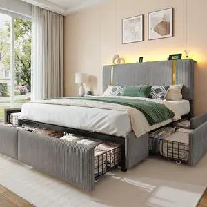 Homkdom Full Size Bed Frame with Headboard & 6 Storage Drawers,Soft Upholstered Bed Frame Full with LED Light & Charging Station, Heavy Duty Metal Support,Modern,Grey Homkdom Full Size Bed Frame with Headboard & 6 Storage Drawers,Soft Upholstered Bed Frame Full with LED Light & Charging Station, Heavy Duty Metal Support,Modern,Grey