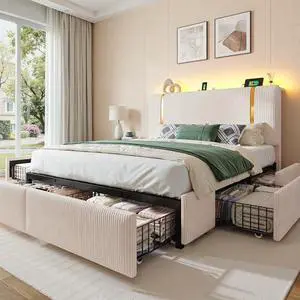 Homkdom Queen Bed Frame with 6 Storage Drawers, Upholstered Bed Frame Queen Size with Adjustable Headboard, LED Light & Charging Station, Heavy Duty Metal Support,Modern,Beige Homkdom Queen Bed Frame with 6 Storage Drawers, Upholstered Bed Frame Queen Size with Adjustable Headboard, LED Light & Charging Station, Heavy Duty Metal Support,Modern,Beige