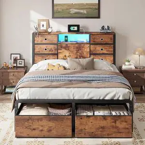 Homkdom Full Size Bed Frame with 8 Fabric Drawers Storage, LED Lights & Charging Station, Metal Platform Bed Frame with Headboard Storage,No-Noise,Easy Assembly,Modern Brown Homkdom Full Size Bed Frame with 8 Fabric Drawers Storage, LED Lights & Charging Station, Metal Platform Bed Frame with Headboard Storage,No-Noise,Easy Assembly,Modern Brown