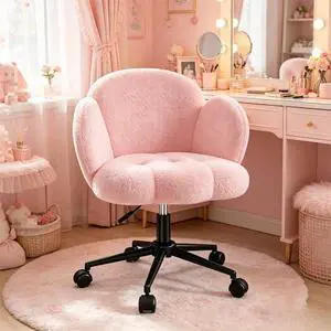 Homkdom Petal Vanity Chair with Wheels, 3.5" Thick Comfy Desk Chair with Back, Height Adjustable & 360°Swivel, Aesthetic Computer Task Chair for Bedroom, Living Room, Pink Homkdom Petal Vanity Chair with Wheels, 3.5" Thick Comfy Desk Chair with Back, Height Adjustable & 360°Swivel, Aesthetic Computer Task Chair for Bedroom, Living Room, Pink