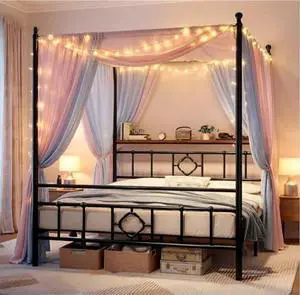 Homkdom Canopy Bed Frame with Storage Headboard, Full Size Bed Frame with 4 Removable Posts, Sturdy Metal Platform with Under-Bed Storage, Dual Purpose Bed Frame, No Box Spring Needed, Black Homkdom Canopy Bed Frame with Storage Headboard, Full Size Bed Frame with 4 Removable Posts, Sturdy Metal Platform with Under-Bed Storage, Dual Purpose Bed Frame, No Box Spring Needed, Black