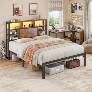 Homkdom Full Size Bed Frame with Storage Headboard, Charging Station& LED Lights Heavy Duty Metal Platform Bed for Bedrooms, 1100 LBS Capacity, No Box Spring Needed, Easy Assembly,Vintage Brown Homkdom Full Size Bed Frame with Storage Headboard, Charging Station& LED Lights Heavy Duty Metal Platform Bed for Bedrooms, 1100 LBS Capacity, No Box Spring Needed, Easy Assembly,Vintage Brown