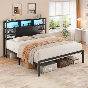 Homkdom Queen Bed Frame with Storage Headboard, Charging Station& LED Lights Heavy Duty Metal Platform Bed for Bedrooms, 1100 LBS Capacity, No Box Spring Needed, Easy Assembly,Black Homkdom Queen Bed Frame with Storage Headboard, Charging Station& LED Lights Heavy Duty Metal Platform Bed for Bedrooms, 1100 LBS Capacity, No Box Spring Needed, Easy Assembly,Black