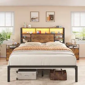 Homkdom Queen Bed Frame with Storage Headboard, LED Lights & Charging Station Heavy Duty Metal Platform Bed for Bedrooms, 1100 LBS Capacity, No Box Spring Needed, Easy Assembly,Vintage Brown Homkdom Queen Bed Frame with Storage Headboard, LED Lights & Charging Station Heavy Duty Metal Platform Bed for Bedrooms, 1100 LBS Capacity, No Box Spring Needed, Easy Assembly,Vintage Brown