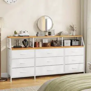 Homkdom White Dresser for Bedroom with Fabric Drawers 55.12" W TV Stand Dressers & Chests of Drawers Sturdy Entertainment Center with Wooden Shelves, Metal Frame, 55.12" W×11.38" D×35.45" H Homkdom White Dresser for Bedroom with Fabric Drawers 55.12" W TV Stand Dressers & Chests of Drawers Sturdy Entertainment Center with Wooden Shelves, Metal Frame, 55.12" W×11.38" D×35.45" H