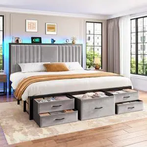 Homkdom Queen Bed Frame with 5 Storage Drawers & Storage Headboard, Upholstered Bed Frame with LED Lights & Charging Station, Premium Velvet Fabric, NO Noise, Easy AssemblyGrey Homkdom Queen Bed Frame with 5 Storage Drawers & Storage Headboard, Upholstered Bed Frame with LED Lights & Charging Station, Premium Velvet Fabric, NO Noise, Easy AssemblyGrey