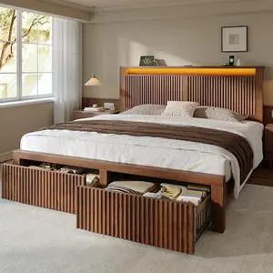 Homkdom Queen Bed Frame with LED Lights,Mid-Century Modern Luxury Wooden Wavy Panel Headboard,Charging Station& 2 Storage Drawers,Heavy Duty Steel,NO Noise,No Box Spring Needed,Easy Assembly,Walnut Homkdom Queen Bed Frame with LED Lights,Mid-Century Modern Luxury Wooden Wavy Panel Headboard,Charging Station& 2 Storage Drawers,Heavy Duty Steel,NO Noise,No Box Spring Needed,Easy Assembly,Walnut