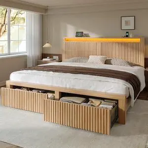 Homkdom King Size Bed Frame with LED Lights,Mid-Century Modern Luxury Wooden Wavy Panel Headboard,Charging Station& 2 Storage Drawers,Heavy Duty Steel,NO Noise,No Box Spring Needed,Easy Assembly,Wood Homkdom King Size Bed Frame with LED Lights,Mid-Century Modern Luxury Wooden Wavy Panel Headboard,Charging Station& 2 Storage Drawers,Heavy Duty Steel,NO Noise,No Box Spring Needed,Easy Assembly,Wood
