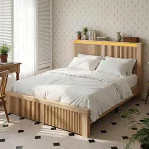 Homkdom Full Bed Frame with LED Lights,Mid-Century Modern Luxury Wooden Wavy Panel Headboard,Charging Station& 2 Storage Drawers,Heavy Duty Steel,NO Noise,No Box Spring Needed,Easy Assembly,Wood Homkdom Full Bed Frame with LED Lights,Mid-Century Modern Luxury Wooden Wavy Panel Headboard,Charging Station& 2 Storage Drawers,Heavy Duty Steel,NO Noise,No Box Spring Needed,Easy Assembly,Wood