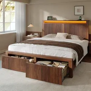 Full Size Bed Frame With LED Lights,Mid-Century Modern Luxury Wooden Wavy Panel Headboard,Charging Station& 2 Storage Drawers,Heavy Duty Steel,NO Noise,No Box Spring Needed,Easy Assembly,Walnut Full Size Bed Frame With LED Lights,Mid-Century Modern Luxury Wooden Wavy Panel Headboard,Charging Station& 2 Storage Drawers,Heavy Duty Steel,NO Noise,No Box Spring Needed,Easy Assembly,Walnut