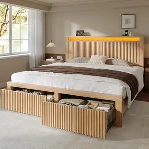 Queen Size Bed Frame With LED Lights,Mid-Century Modern Luxury Wooden Wavy Panel Headboard,Charging Station& 2 Storage Drawers,Heavy Duty Steel,NO Noise,No Box Spring Needed,Easy Assembly,Wood Queen Size Bed Frame With LED Lights,Mid-Century Modern Luxury Wooden Wavy Panel Headboard,Charging Station& 2 Storage Drawers,Heavy Duty Steel,NO Noise,No Box Spring Needed,Easy Assembly,Wood