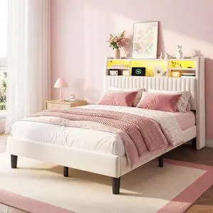 Homkdom Full Size Bed Frame, Vertical Channel Tufted Headboard with Storage Shelves, Velvet Bed Frame with Charging Station and LED Lights, Wooden Slats, Noise Free, Beige Homkdom Full Size Bed Frame, Vertical Channel Tufted Headboard with Storage Shelves, Velvet Bed Frame with Charging Station and LED Lights, Wooden Slats, Noise Free, Beige