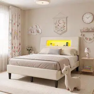 Homkdom Full Size Bed Frame with Ergonomic Storage Headboard, Upholstered Bed Frame with LED Lights & Charging Station, Unique Open-Design, NO Noise, Easy Assembly, No Box Spring Needed,Beige Homkdom Full Size Bed Frame with Ergonomic Storage Headboard, Upholstered Bed Frame with LED Lights & Charging Station, Unique Open-Design, NO Noise, Easy Assembly, No Box Spring Needed,Beige