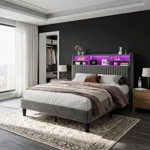Homkdom Queen Bed Frame, Vertical Channel Tufted Headboard with Storage Shelves,Velvet Bed Frame with Charging Station and LED Lights, Wooden Slats, Noise Free, Grey Homkdom Queen Bed Frame, Vertical Channel Tufted Headboard with Storage Shelves,Velvet Bed Frame with Charging Station and LED Lights, Wooden Slats, Noise Free, Grey