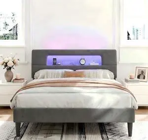Homkdom Queen Size Bed Frame with Ergonomic Storage Headboard, Upholstered Bed Frame with LED Lights & Charging Station, Unique Open-Design, NO Noise, Easy Assembly, No Box Spring Needed,Grey Homkdom Queen Size Bed Frame with Ergonomic Storage Headboard, Upholstered Bed Frame with LED Lights & Charging Station, Unique Open-Design, NO Noise, Easy Assembly, No Box Spring Needed,Grey