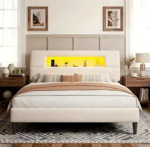 Homkdom Queen Bed Frame with Ergonomic Storage Headboard, Upholstered Bed Frame with LED Lights & Charging Station, Unique Open-DesignNO Noise, Easy Assembly, No Box Spring Needed,Beige Homkdom Queen Bed Frame with Ergonomic Storage Headboard, Upholstered Bed Frame with LED Lights & Charging Station, Unique Open-DesignNO Noise, Easy Assembly, No Box Spring Needed,Beige