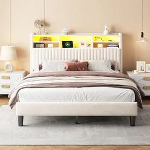 Homkdom Queen Bed Frame, Vertical Channel Tufted Headboard with Storage Shelves,Velvet Bed Frame Queen with Charging Station and LED Lights, Wooden Slats, Noise Free, Beige Homkdom Queen Bed Frame, Vertical Channel Tufted Headboard with Storage Shelves,Velvet Bed Frame Queen with Charging Station and LED Lights, Wooden Slats, Noise Free, Beige